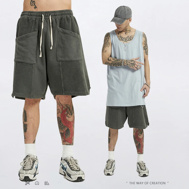 

2022 High Street Hip Hop Retro Men's 230Gsm Cotton Shorts Ins Trend Slit-Panel Sweatpant Shorts Wash Water Five-Point Pants