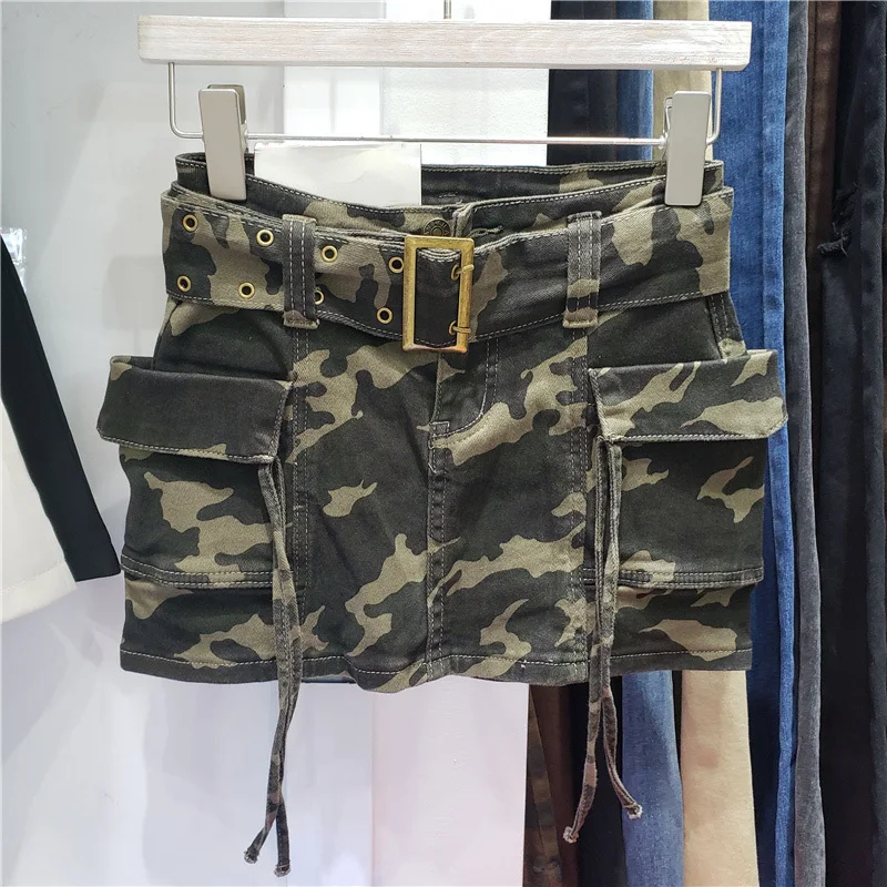

SeeBeautiful Sexy Camouflage Printed Hot Half-body Skirt High Waist Belt Pockets Women Summer 2022 New Fashion Tide Q443