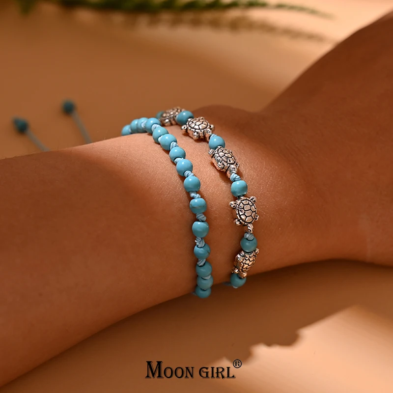 

2Pcs/Lot Knotted Charm Bracelet for Women Fashion Turtle Adjustable Handmade 4mm Stone Write Girl Bracelet MOON GIRL