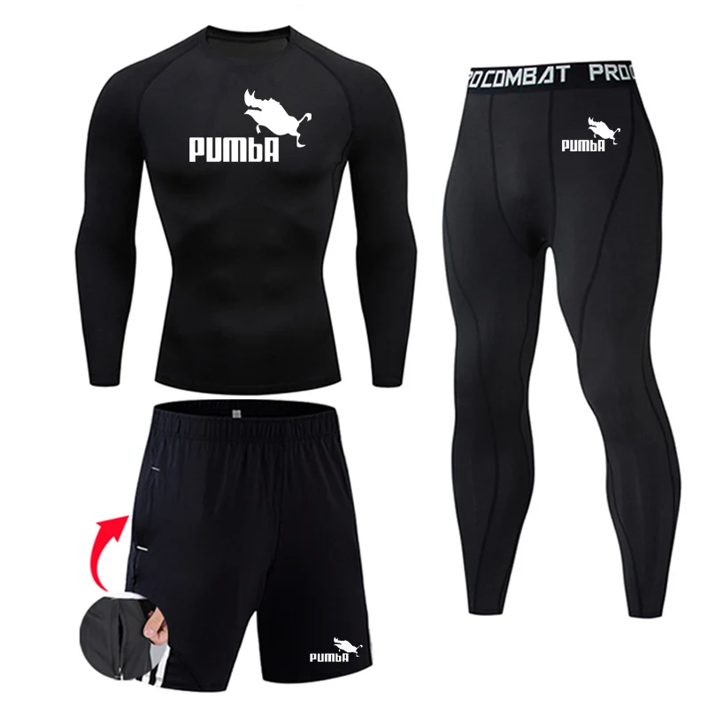 Men's Sports underwear Second Skin Long Sleeve Shirt Compression Tights Workout Base Layer Set Black Men's Winter First layer