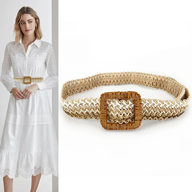 

Женское Брендовое дизайнерское плетеное платье из полипропилена с квадратной пряжкой и ремешком на талии, женское летнее платье, пальто, юб...