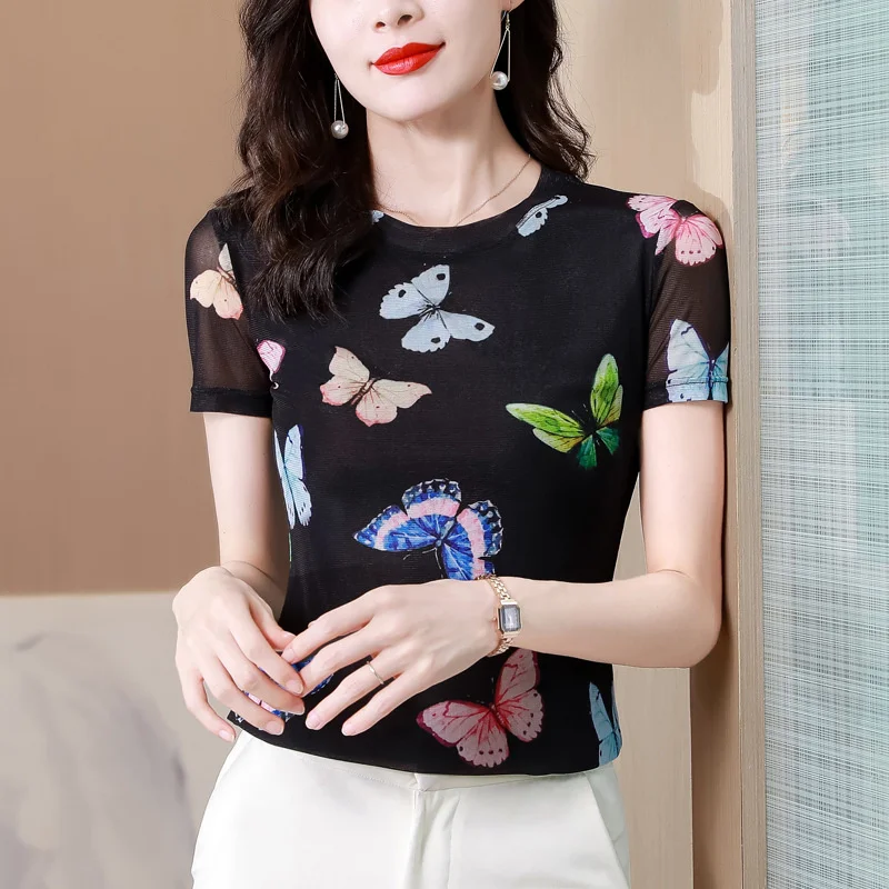 

#9198 Butterfly Printed Mesh Black T Shirt Women Summer Sexy Office Elegant Tight Short T Shirt Female Short Sleeve Korean Style
