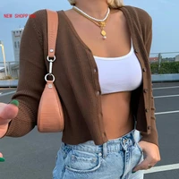 cute brown knitwear y2k long sleeve crop top t shirt harajuku button up cardigans knitted tshirt fashion women autumn tops indie