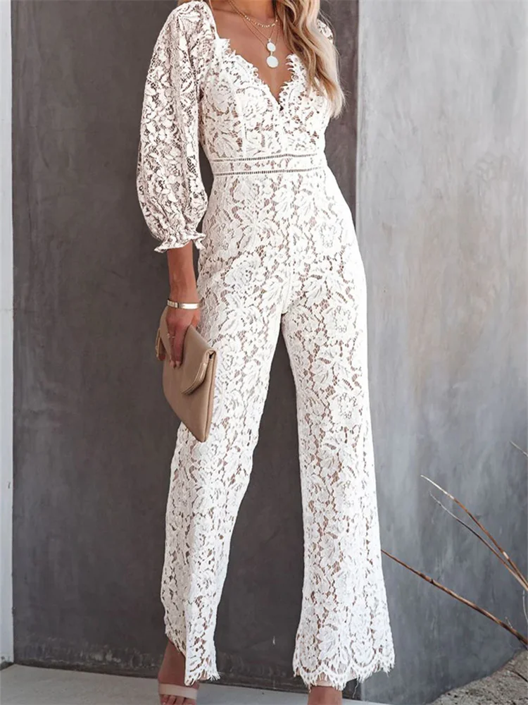 CHRONSTYLE Elegant Women Lace Wide Leg Pants Jumpsuits Solid Color Long Sleeve High Waist V Neck Floral Rompers Streetwear 2023