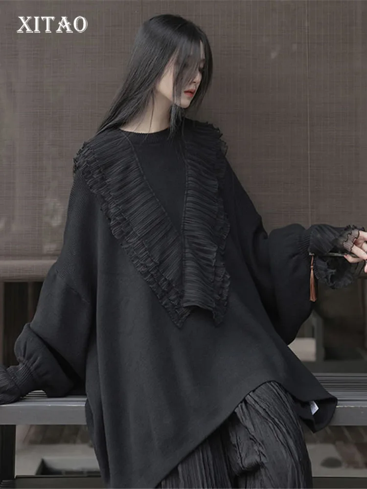

XITAO свитер с рукавами «летучая мышь», с оборками, вязанные пуловеры, женские, модные, однотонные, черные, свободные, большие размеры, новинка ...