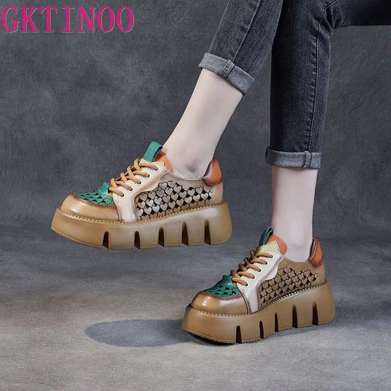 GKTINOO Fashion Genuine Learher Women Sneakers Summer Shoes Thick-soled Hollow Breathable Wedges Heel Platform Vulcanized Shoes