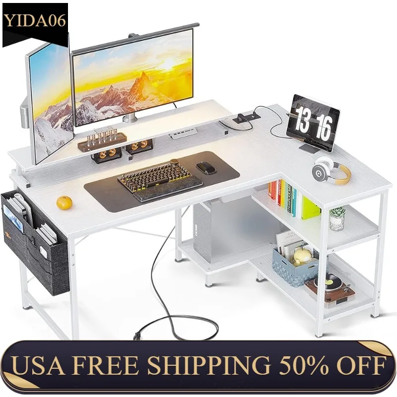 

L-образный 48-дюймовый компьютерный стол с USB-портом для зарядки и розеткой, L-образный угловой стол с полками для хранения и монитором