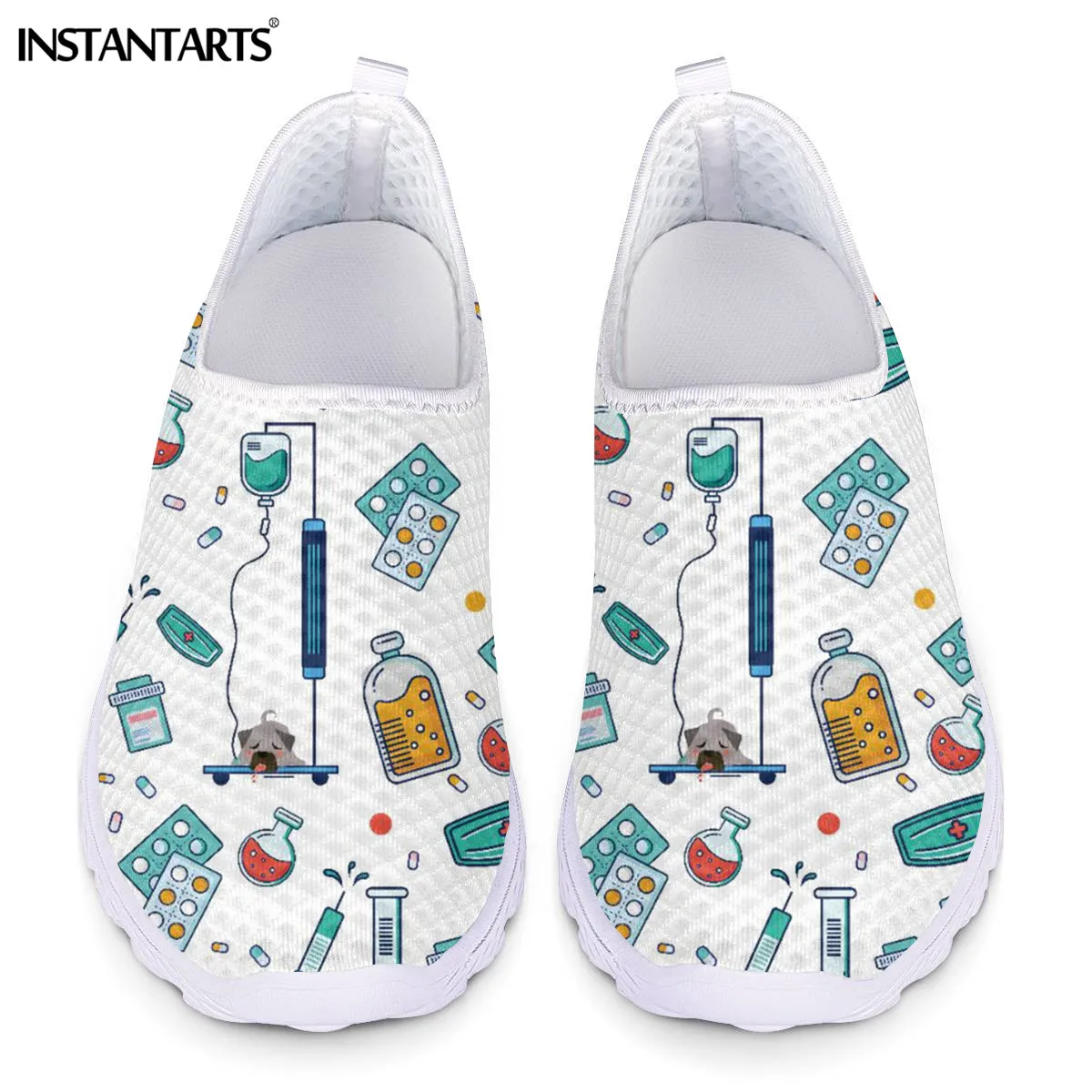 

INSTANTARTS Cute Cartoon Medical Nurse Shoes Women Slip on Light Mesh Flat Shoes Sneaker Summer Breathble Women's Footwear