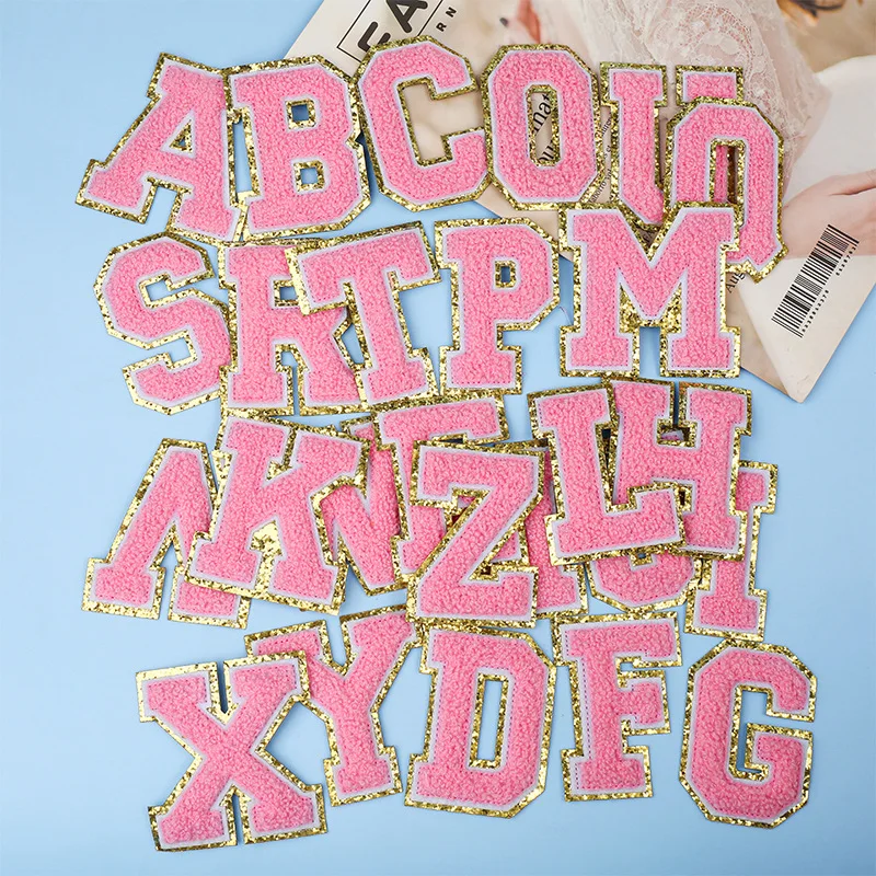 

Pink Letters Sequins Patches Towel Embroidered Alphabet Felt Chenille Sew on Patch for DIY Accessories Applique Glitter A-Z 8CM