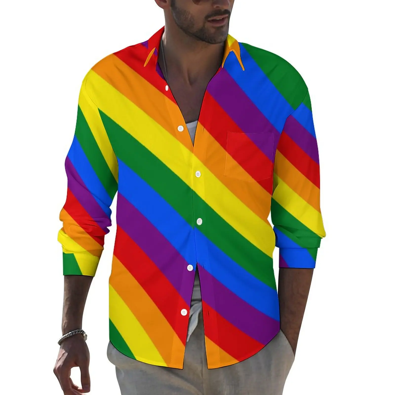 

LGBT Rainbow Shirt Autumn Gay Pride Flag Casual Shirts Man Retro Blouses Long Sleeve Custom Street Clothing Plus Size
