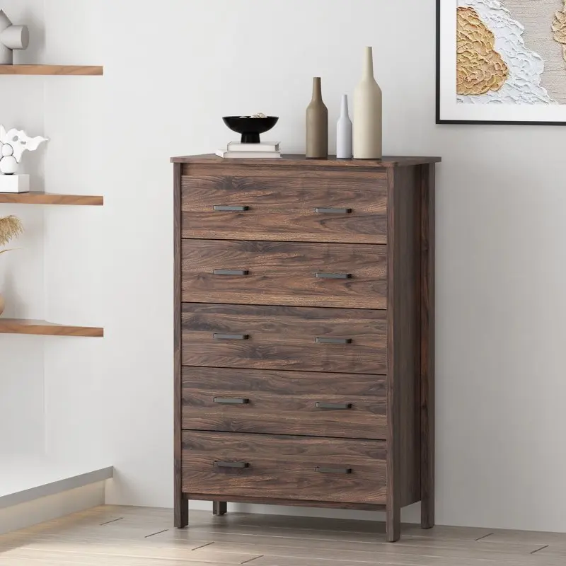 

Wood Finish Magnificent and Roomy 5 Drawer Wooden Chest, Medium Brown Wood Finish for Your Home