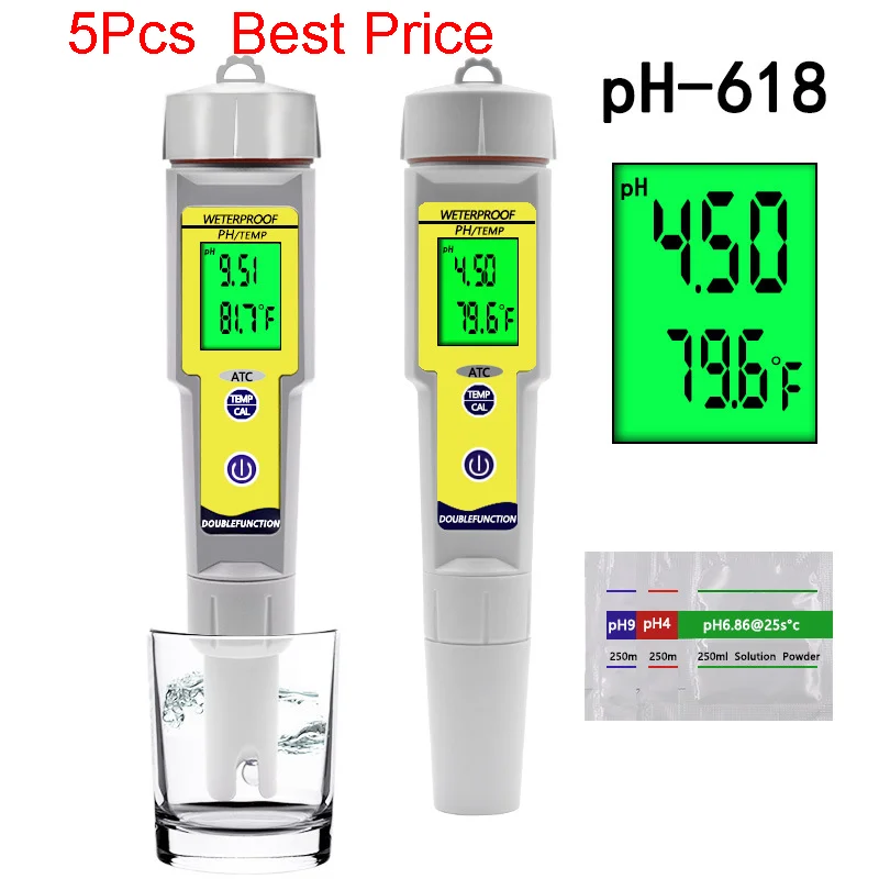 

5Pcs/lot High Precision Pen ATC PH Meter Water Quality Analyzer Acidity Equipment Electrode Meter For Aquarium Pool SPA PH-618