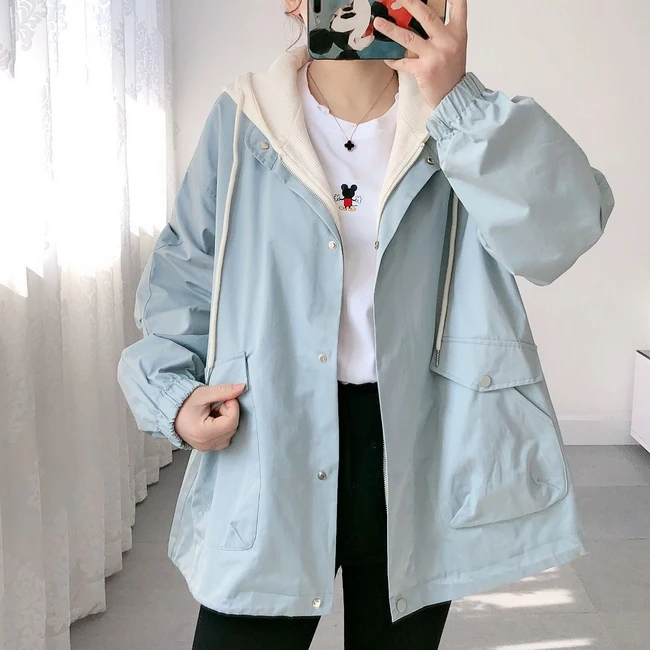 

A Short windbreaker women's spring and autumn new fake two-piece hooded solid color all-match cotton coat loose top