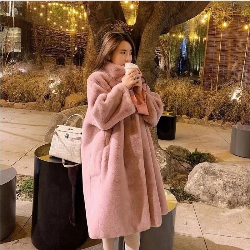 

Woman Winter 2020 Mink Fur Coat Stand Collar Loose Casual Long Faux Fur Coats Thick Warm Overcoat Plush Fur Jacket for Women