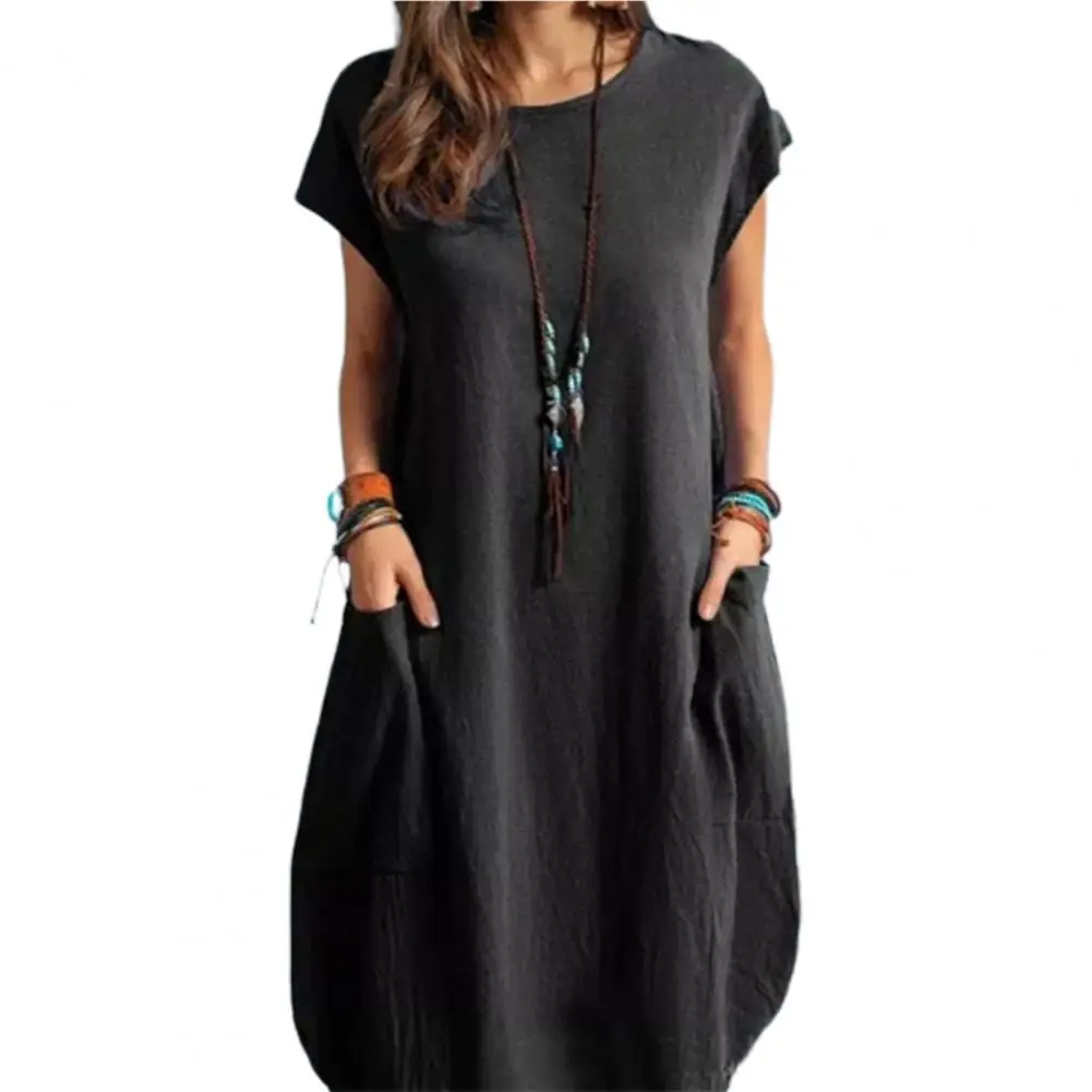 

Women Dress Loose Solid Color Large Hem Summer Crew Neck Short Sleeves Pockets Dress for Office Ladies Casual Female Vestidos