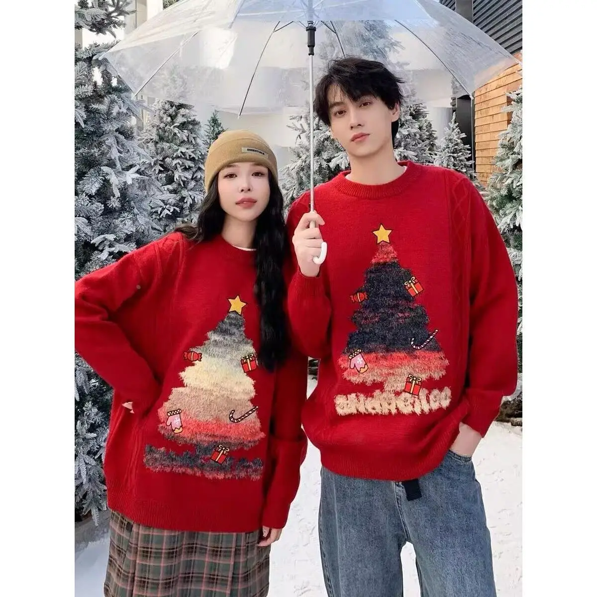 Christmas Couple Wear Fall and Winter New Arrival 2024 Year Red Sweater Battle Gown Matching Clothes |
