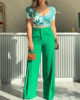 2022 spring and summer new womens two piece short sleeved v neck printed top trousers wide leg pants suit navel crop top