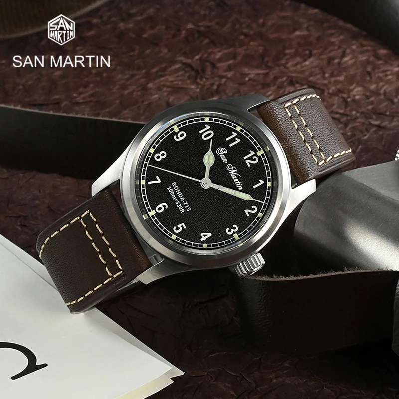 

San Martin 37mm Pilot Watch RONDA 715 Quartz Movement Military Simple Fashion Style Men Wristwatch 20 Bar Luminous Relojes