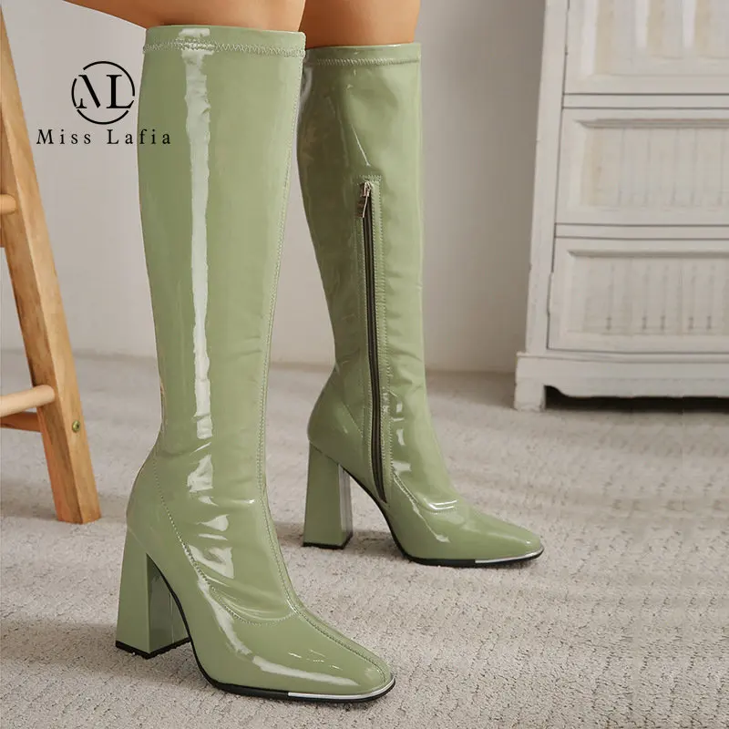 

2023 New Style In New Spot Square Thick Bright Lear High Heels Nude Female Boots Boots In Big Yards Side Zippers Miss Lafia