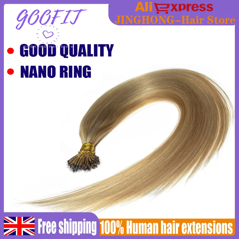 GOOFIT 100% Human Hair Extensions Tip Remy Nano Ring Micro Beads Double Drawn Real Hair Extensions 14