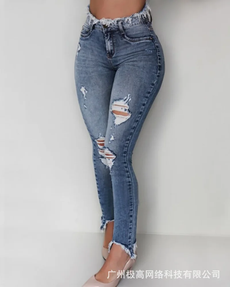 

Distressed Cutout Fringe Hem Jeans Women Spring Summer High Waist Slim Pencil Pants Denim Jeans Leggings