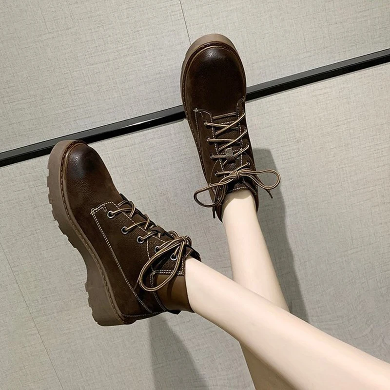 Women Fashion Platform Martin Booties Woman 2021 Autumn Black Lace-up Round Toe Combat Short Leather Ankle Boots Botas De Mujer