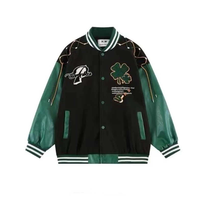 

2023 Y2K Retro American four-leaf clover towel embroidered baseball jacket women loose design sense jacket leather sleeve