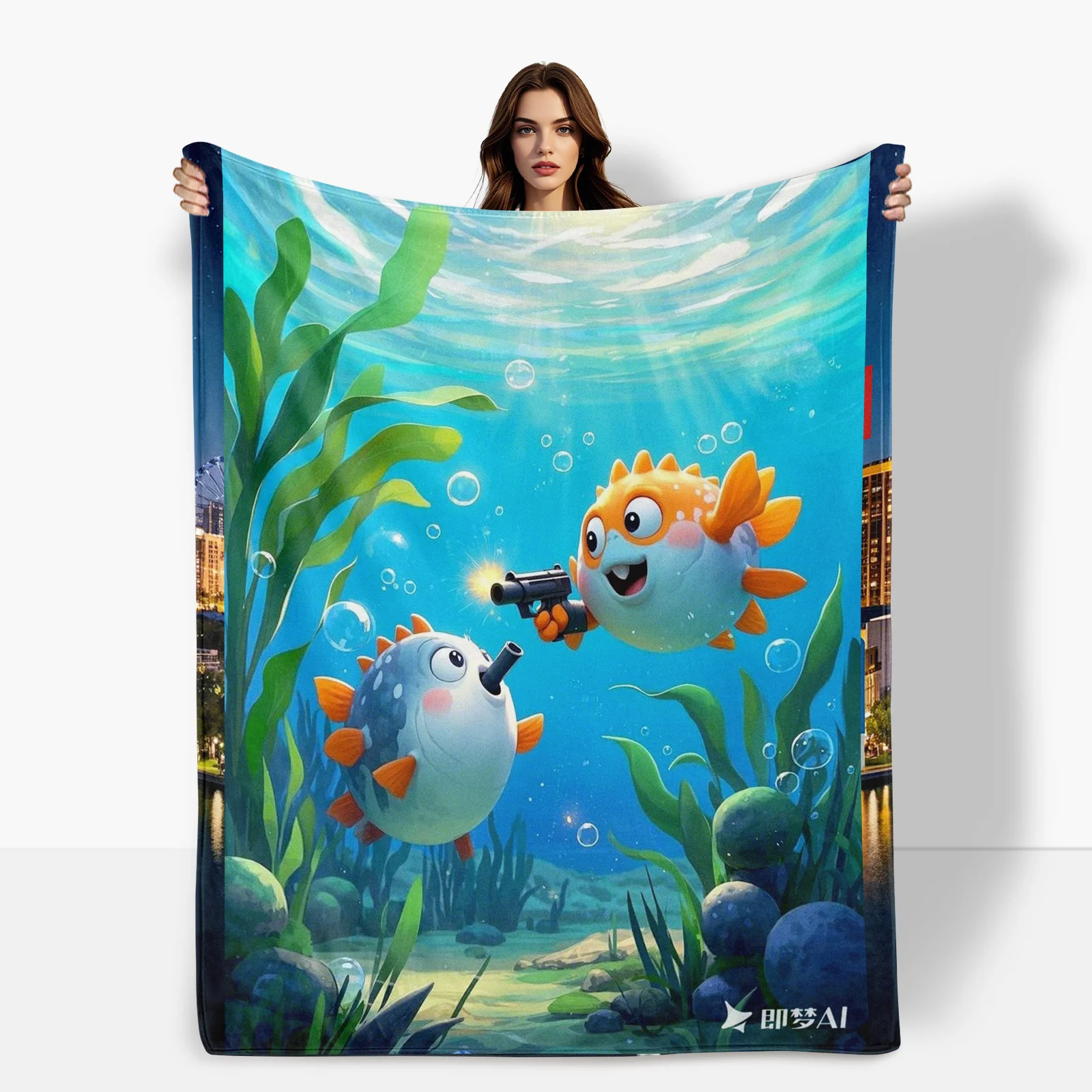 Причудливое зеленое тематическое одеяло Рыба-фугу для игривого домашнего декора