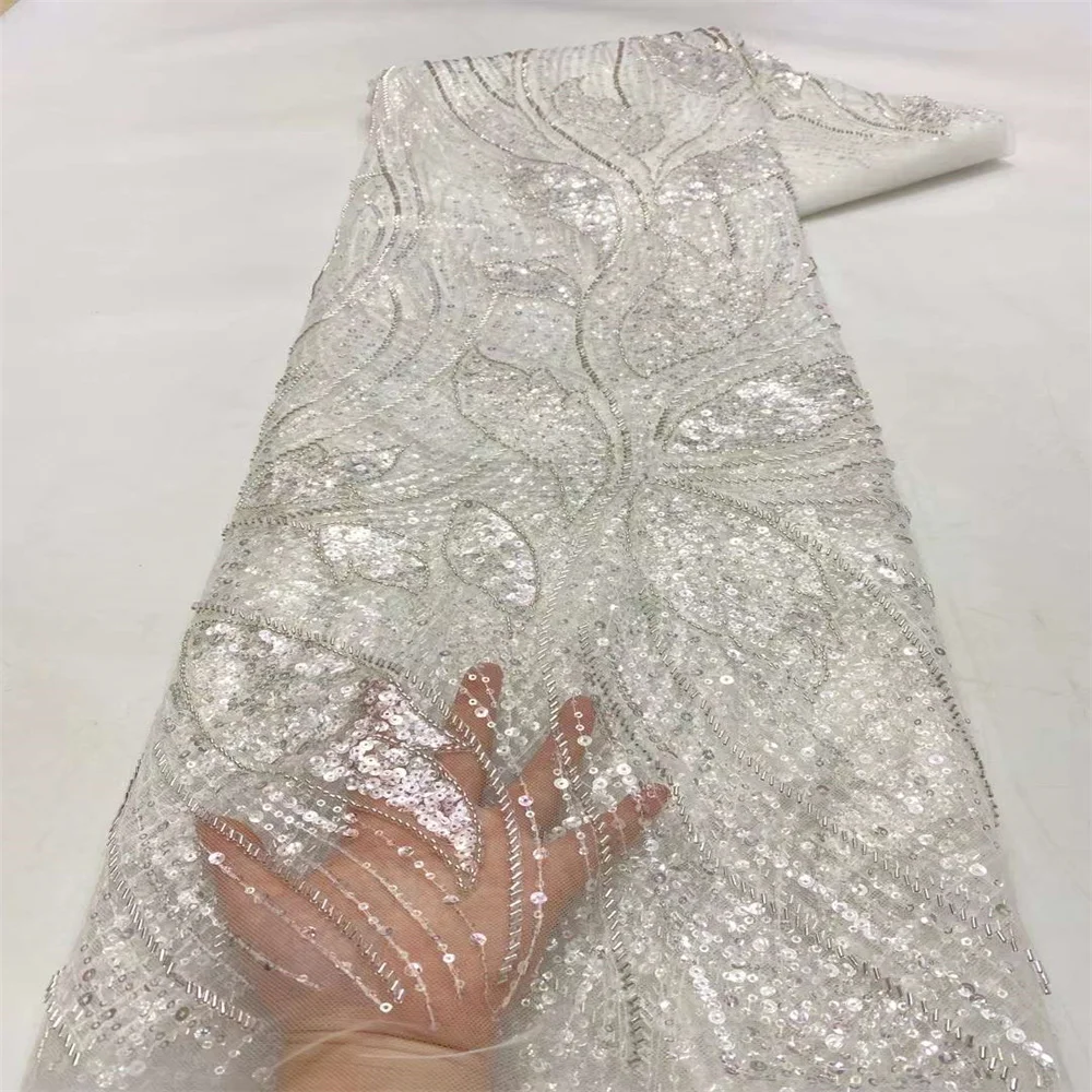 

White Lace Fabric 5 Yards 2022 High Quality Nigerian Groom Lace African Sequins Tulle Net Lace Fabric For Wedding Party Dress