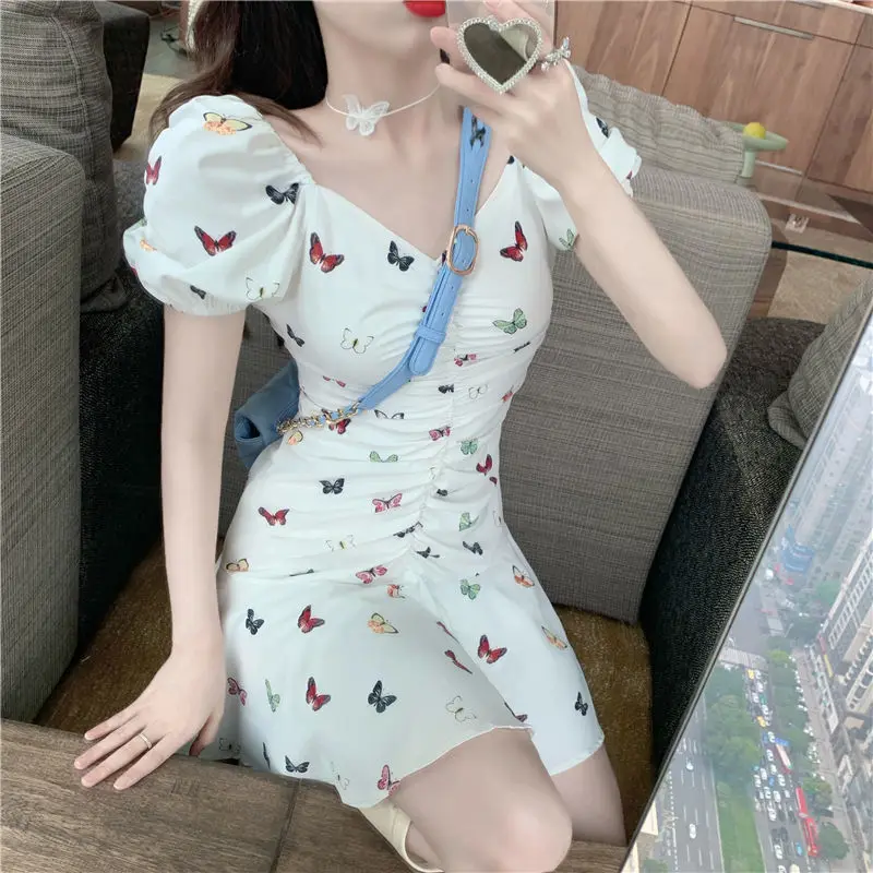 

Dress Retro Butterfly Print Purple Female Summer Waist Folds Exposed Clavicle Sleeve Short Skirt Best Sale-WT