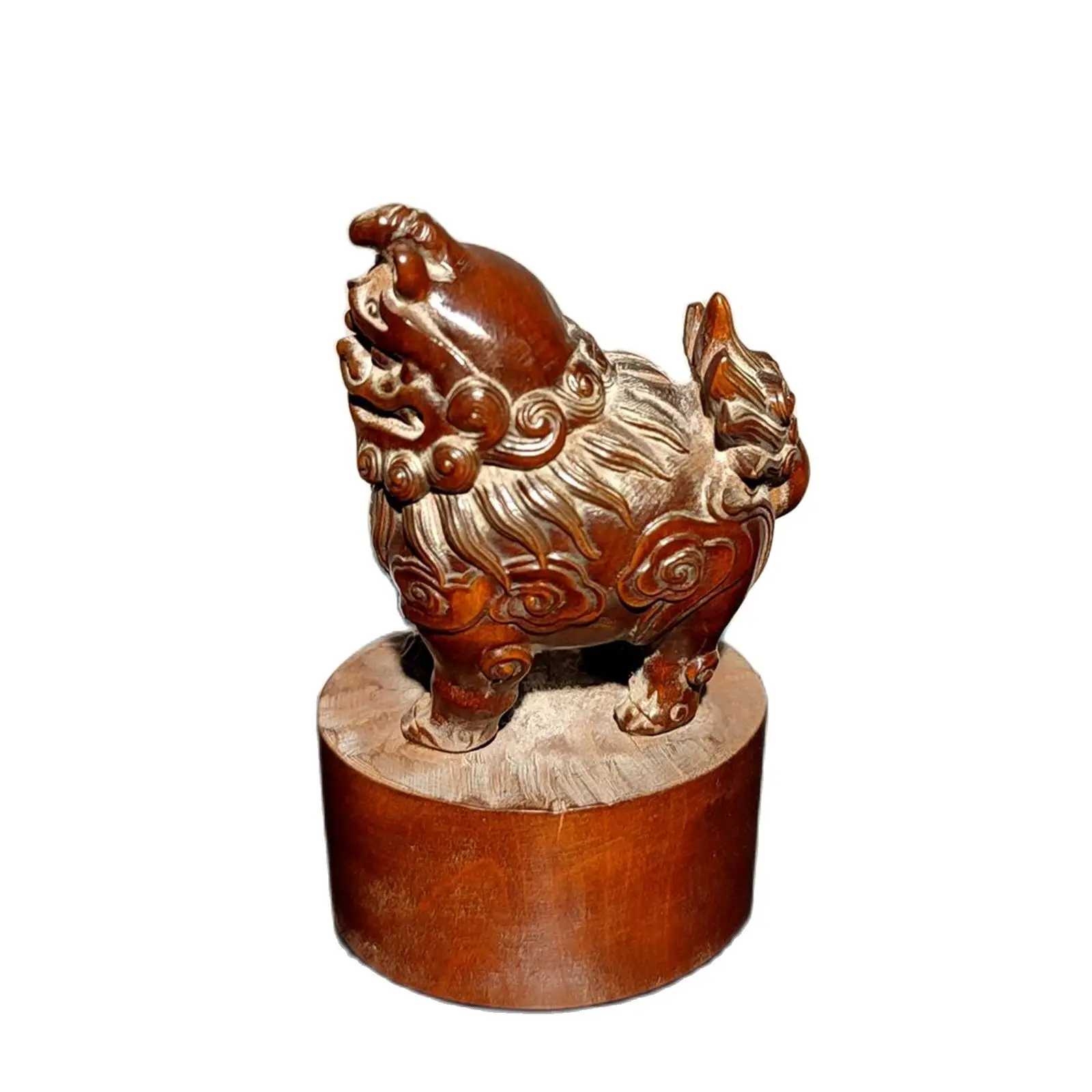 

Fine wood carving lion statue seal signet Boxwood mini Study desk painting gift