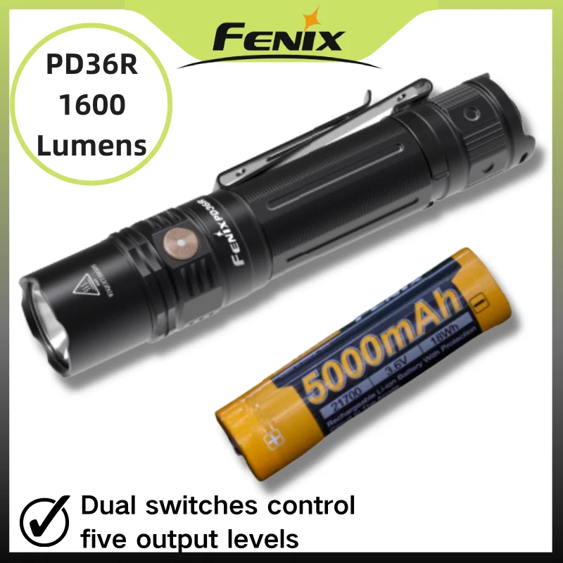 

Fenix PD36R Rechargeable Ultra-compact Flashlight 1600Lumens Dual Switches Control with 5000mAh Li-ion Battery