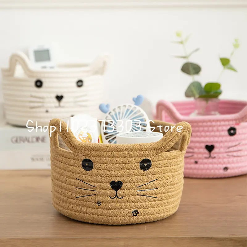 

Cartoon Cat Hand Woven Storage Basket Kids Toys Desktop Organizer Sundries Storage Box Laundry Baskets 21*12CM 1Pcs