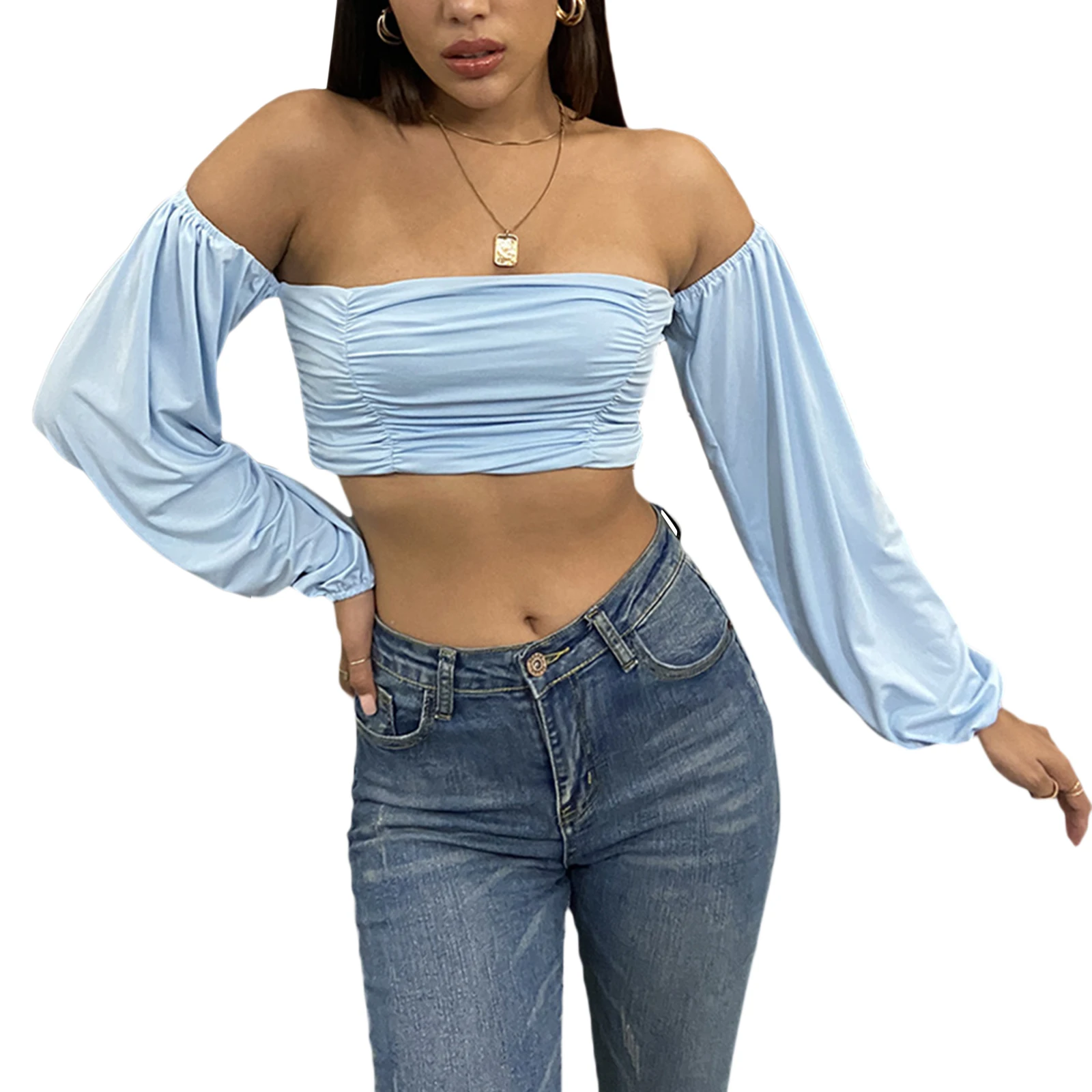 

Kayotuas Women T-Shirt Summer Office Ladies Off-the-Shoulder Puff Sleeve Slash Neck Pullover Ladies Streetwear