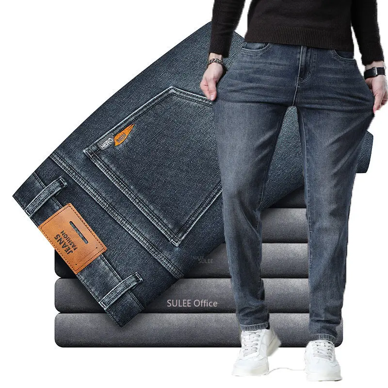 Winter New Men Fleece Jeans Business Casual Stretch Slim Fit Denim CowBoy Student Trousers Male Classic Thick Warm Pants