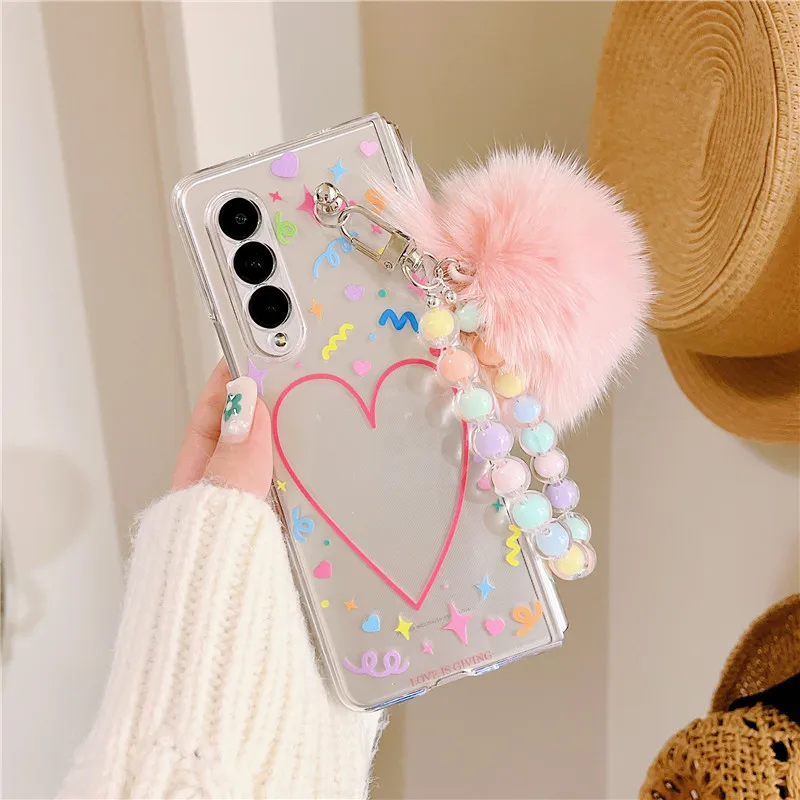 

Plush Ball Bracelet Cases for Samsung Galaxy Z Fold 3 Cute Love Clear PC Hard Cover Z Fold3 5G Case for Samsung ZFold3