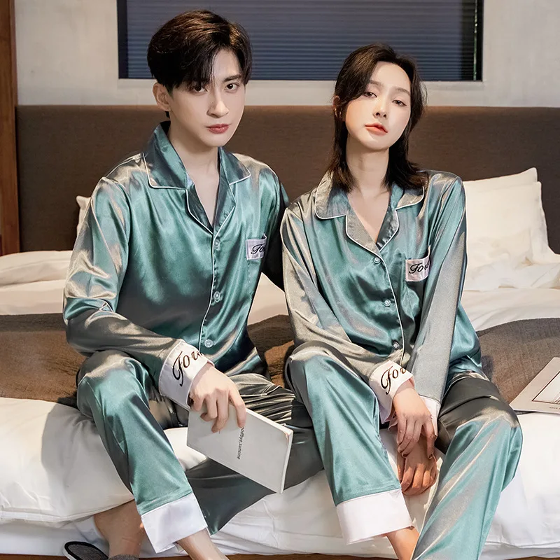 Spring and Summer Silk Couple Pajamas New Men's and Women's Long-sleeved Ice Silk Solid Color Thin Home Service Two-piece Set
