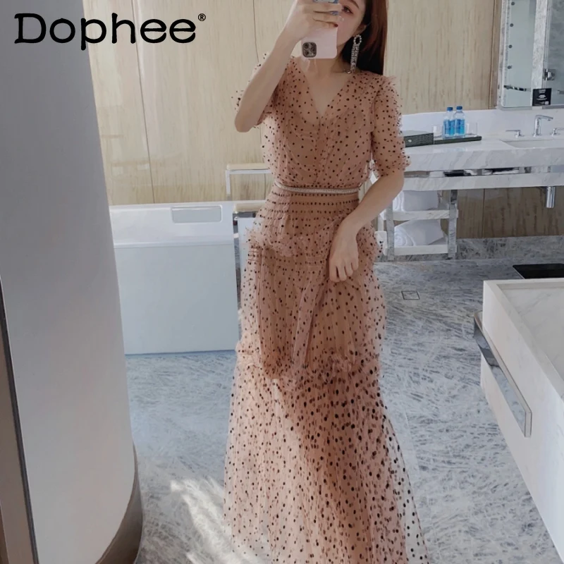 

2022 Spring/Summer New Mesh Polka Dot Long Dress Women V-neck Short Sleeve Slim Waist Two-Piece Dress Fairy Holiday Maxi Dress
