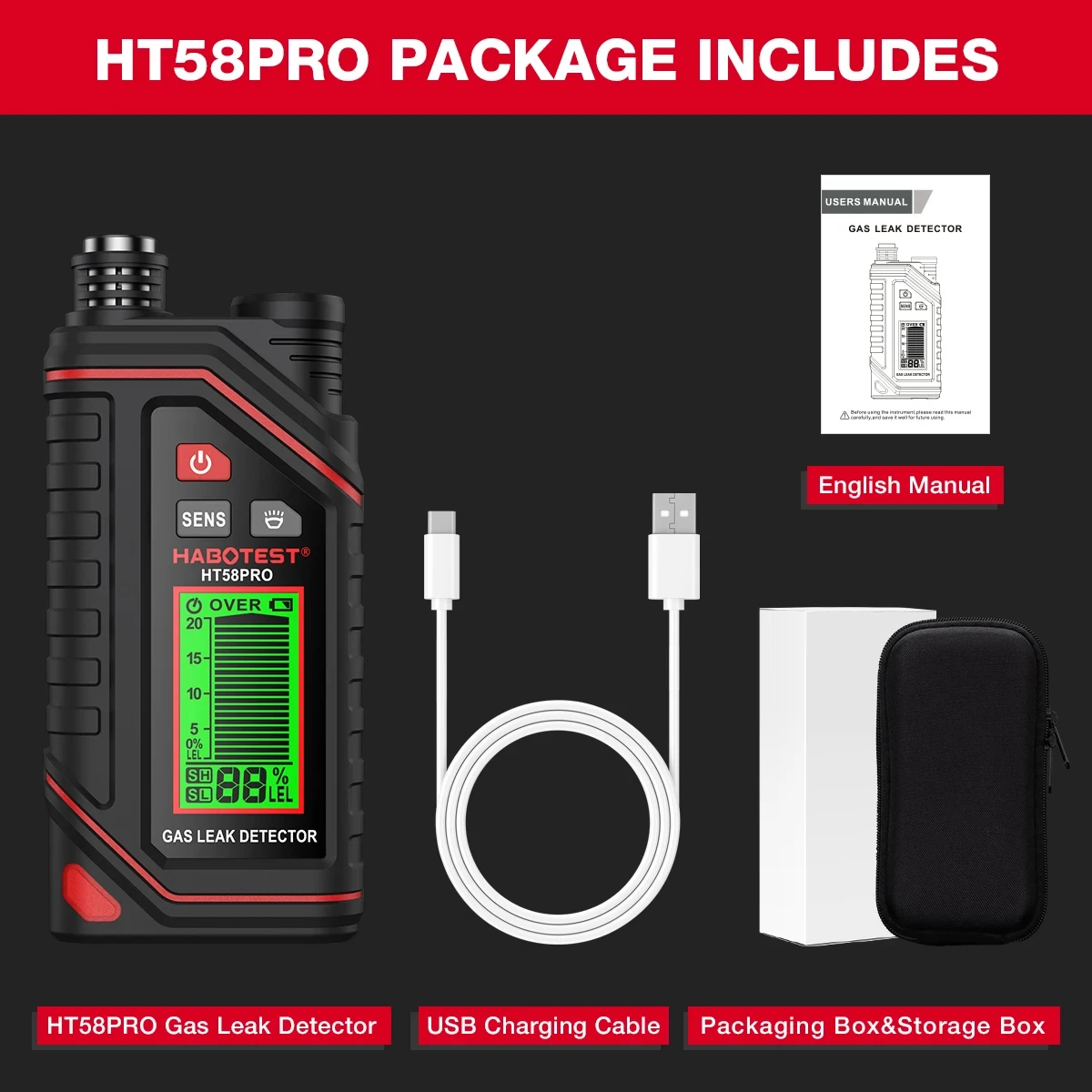 

HABOTEST HT58Pro Детектор горючих газов со звуковой и световой сигнализацией 0-9999 ppm Портативный перезаряжаемый тестер утечки горючего газа