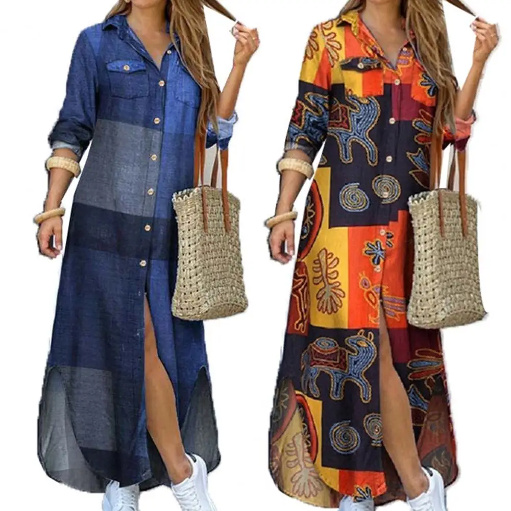 

Clothes Chic Long Sleeve Printed Buttons Maxi Dress Streetwear Dress Turn Down Collar for Date