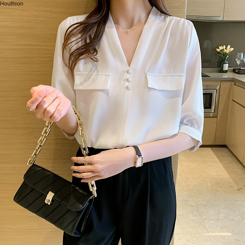 

Women's Blouses Chiffon Short Sleeve Tops V-neck Shirts Fashion Beaded Solid Color Casual Korean Loose Commute