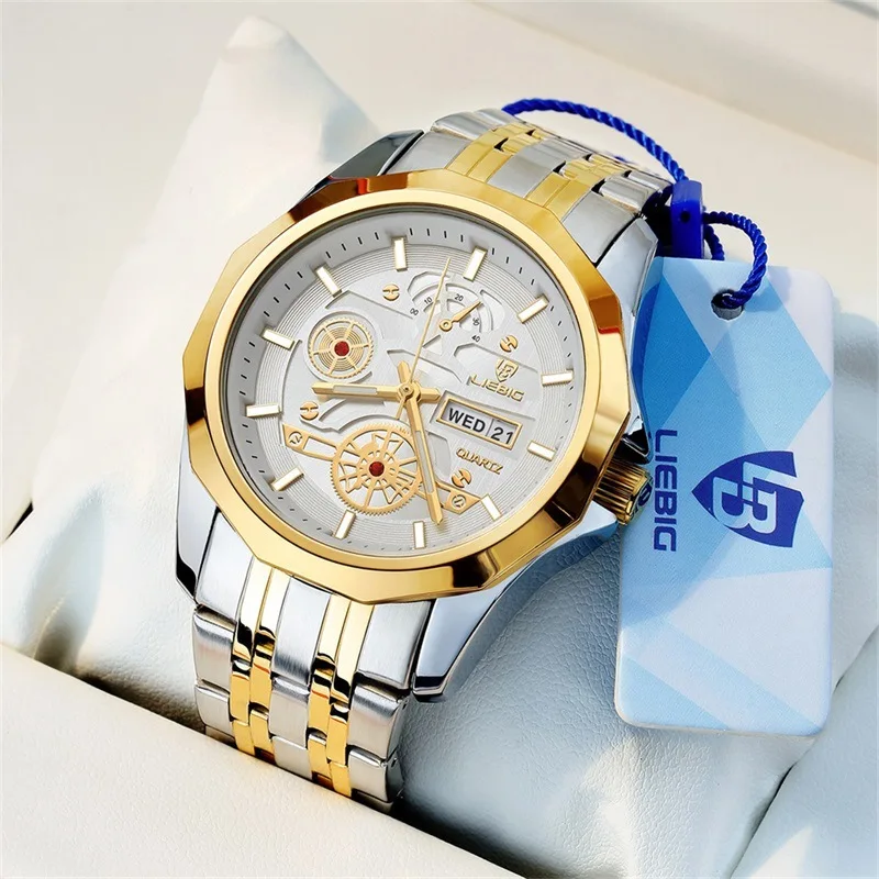 

LIEBIG Men's Watch Room Gold Steel with Dial Quartz Watch Business Trend Waterproof Watch