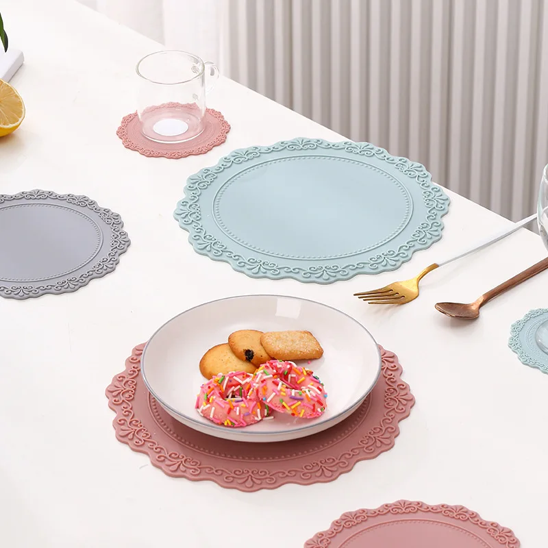 

Silicone Round Placemat Table Mat Retro Embossed Pad Heat Resistant Bowls Coffee Cups Coaster Tableware Mat Decoration