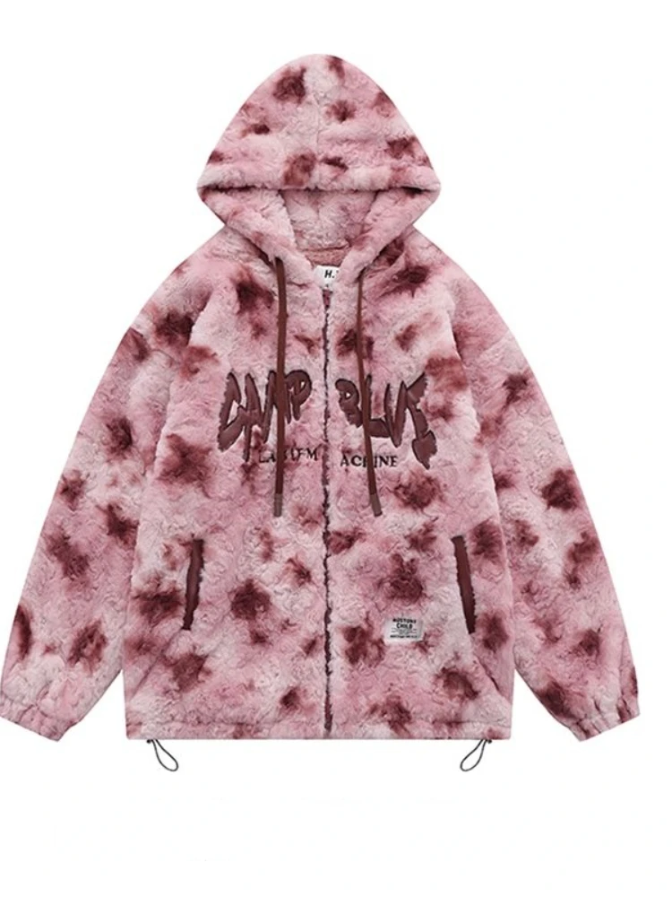 

Tie Dye Pockets Coats Women Letter Print Drawstring Hooded Long Sleeve Jackets Lambswool Warm Thicken Casual Loose Vintage Coat