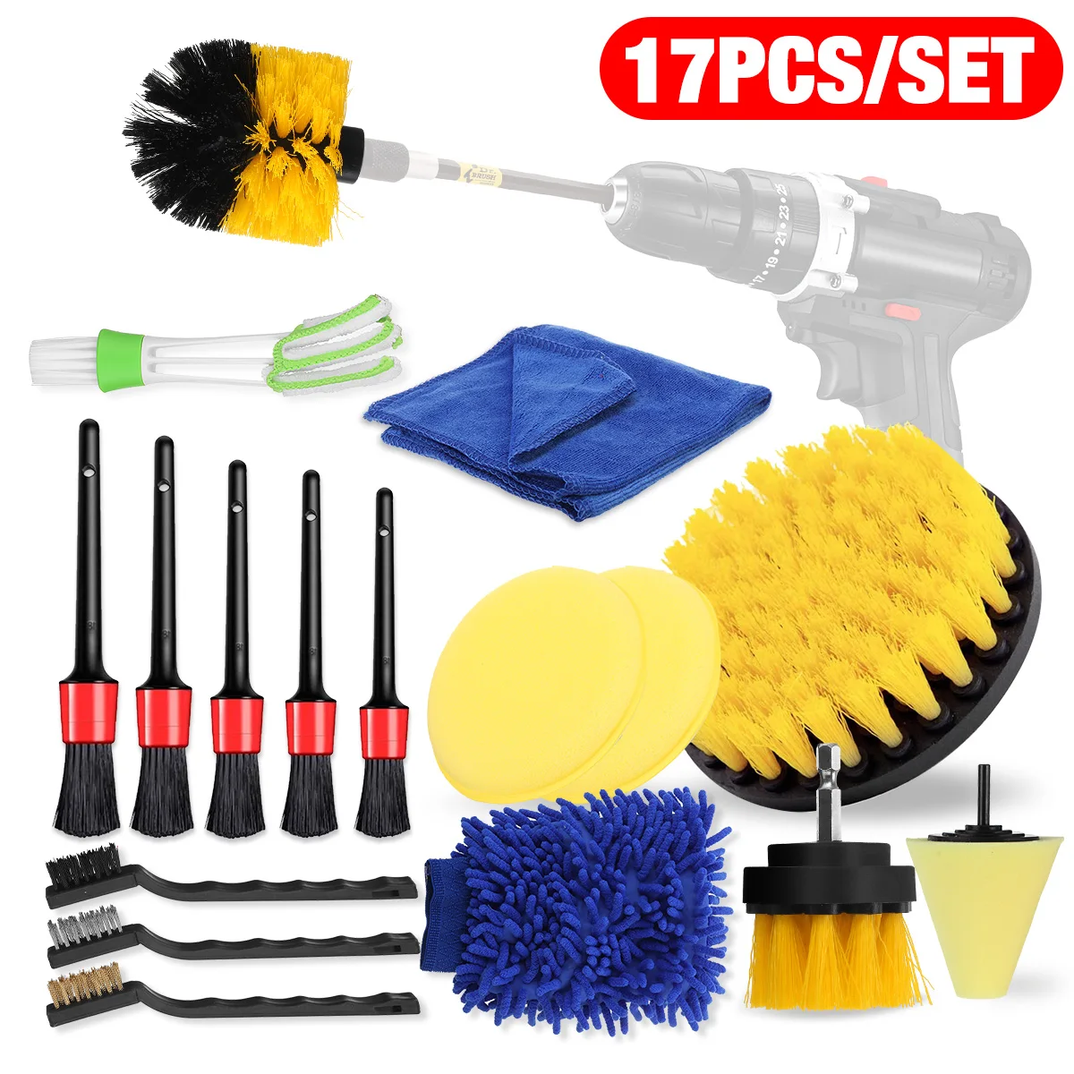

17 Pcs Car Cleaning Detailing Kit with Boar Bristle Car Detail Brushes Electric Drill Brush Car Wax Applicator Pad Wash Towel
