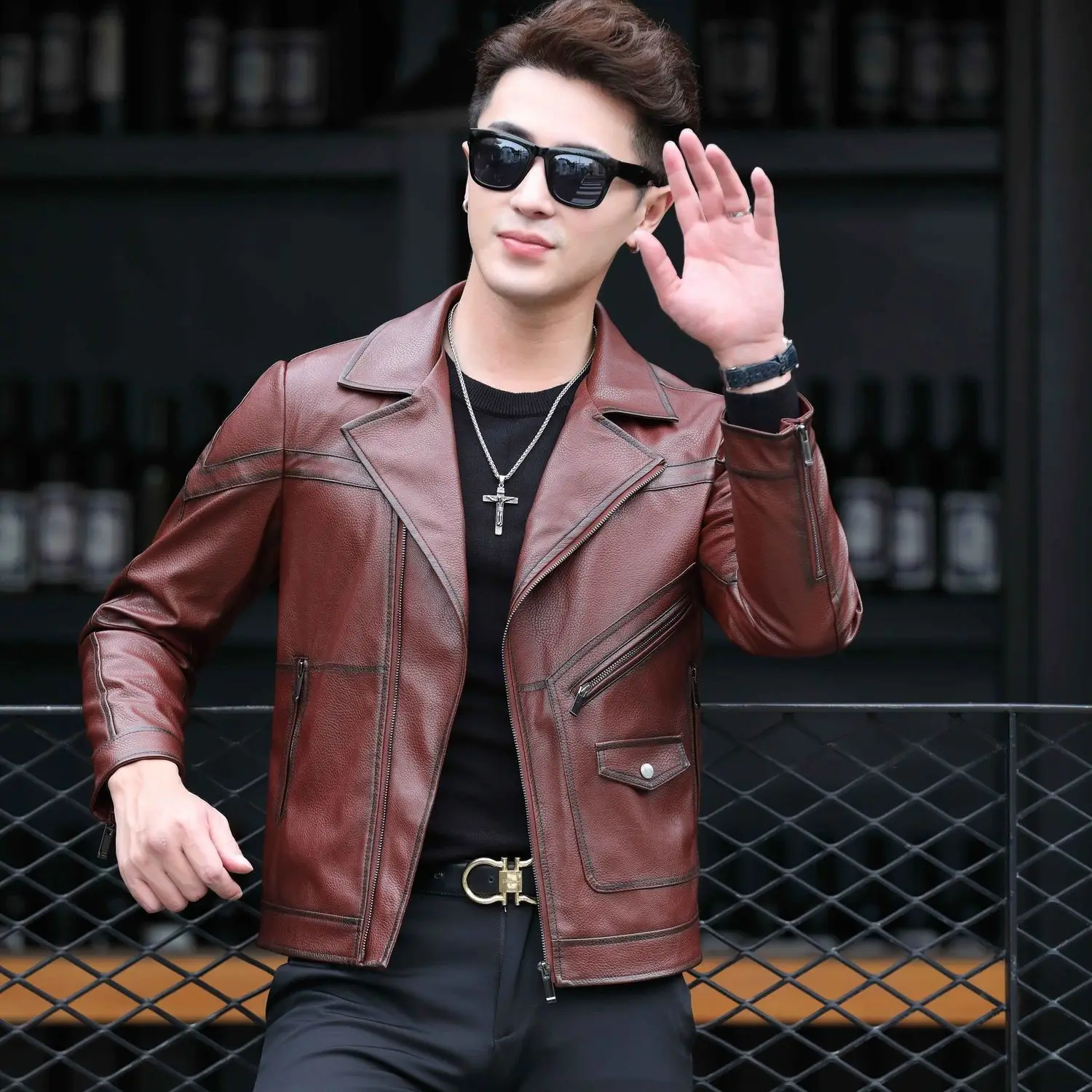

2022 Spring Autumn Coat Men Casual Biker Zipper Jacket New Men's Faux Leather Jacket Brand Slim Fit Motorcycle Pu Leather W71