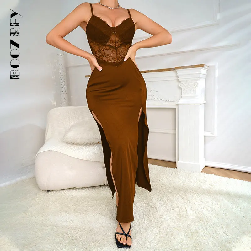 

BoozRey Sexy Dress Women new Summer Autumn Hollow Lace Evening Club Party Dresses V Neck Backless Split Black Maxi Long Vestidos