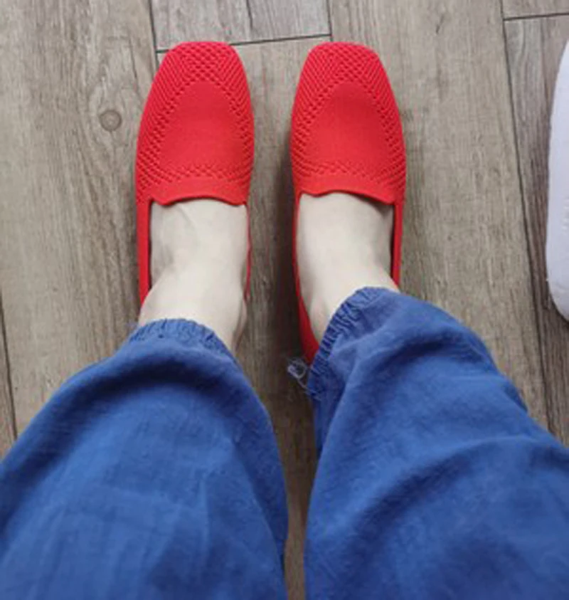 2022Spring New Mesh Ballet Flats Women's Square Toe Daily Loafers Breathable Flats Comfortable Stretch Cloth Sneakers Boat Shoes