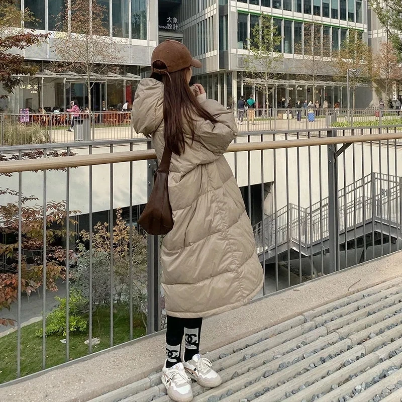 

Пуховик женский на молнии с карманами, модная свободная Длинная Верхняя одежда с капюшоном, Повседневная зимняя куртка-пуховик в Корейском стиле