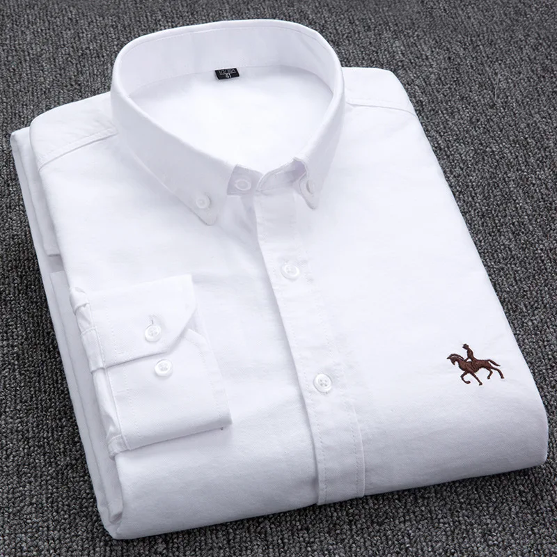 6XL Four Seasons New 100%  Men's Plaid Business Casual Long Sleeve Striped Oxford Spun Shirt Outfit Embroidered Cotton Fit